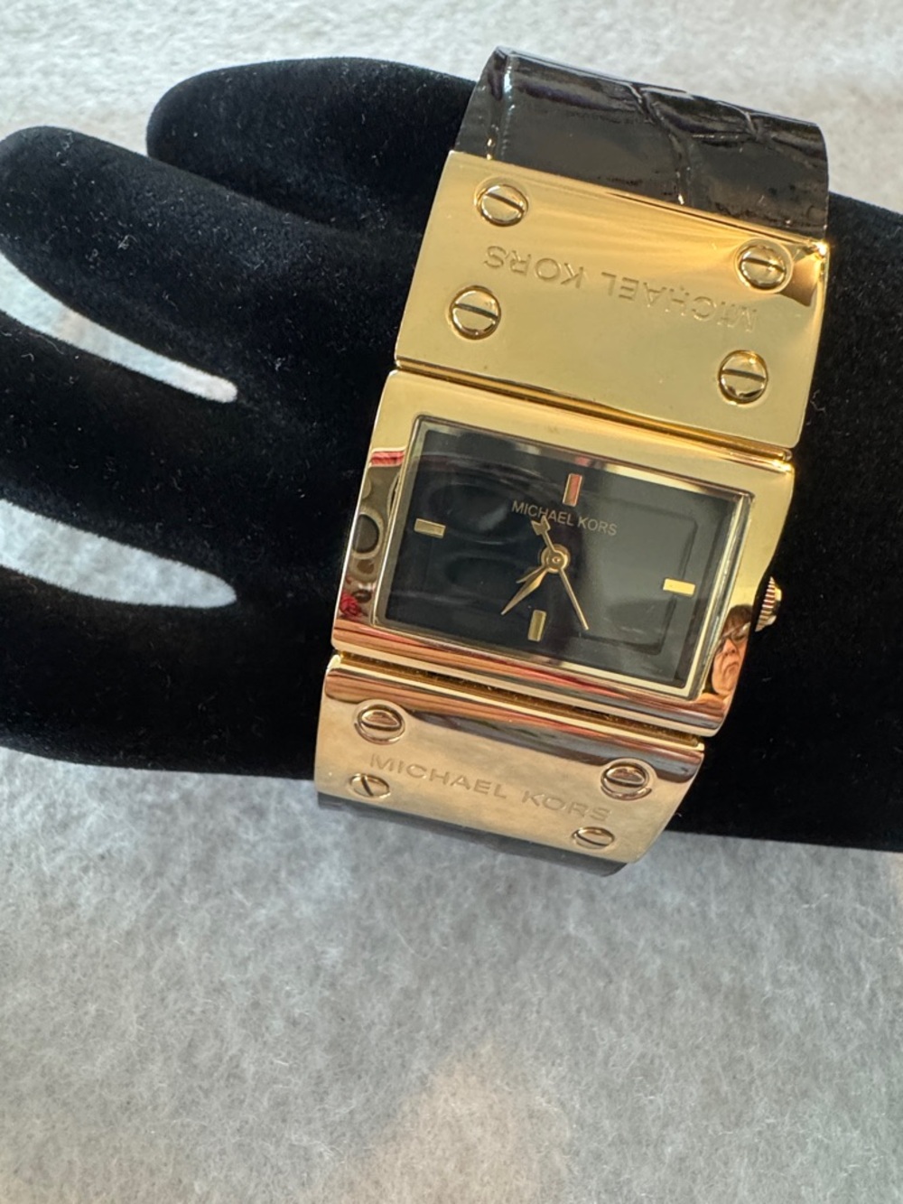 Michael Kors Gold and Black Leather Rectangular Bracelet Watch